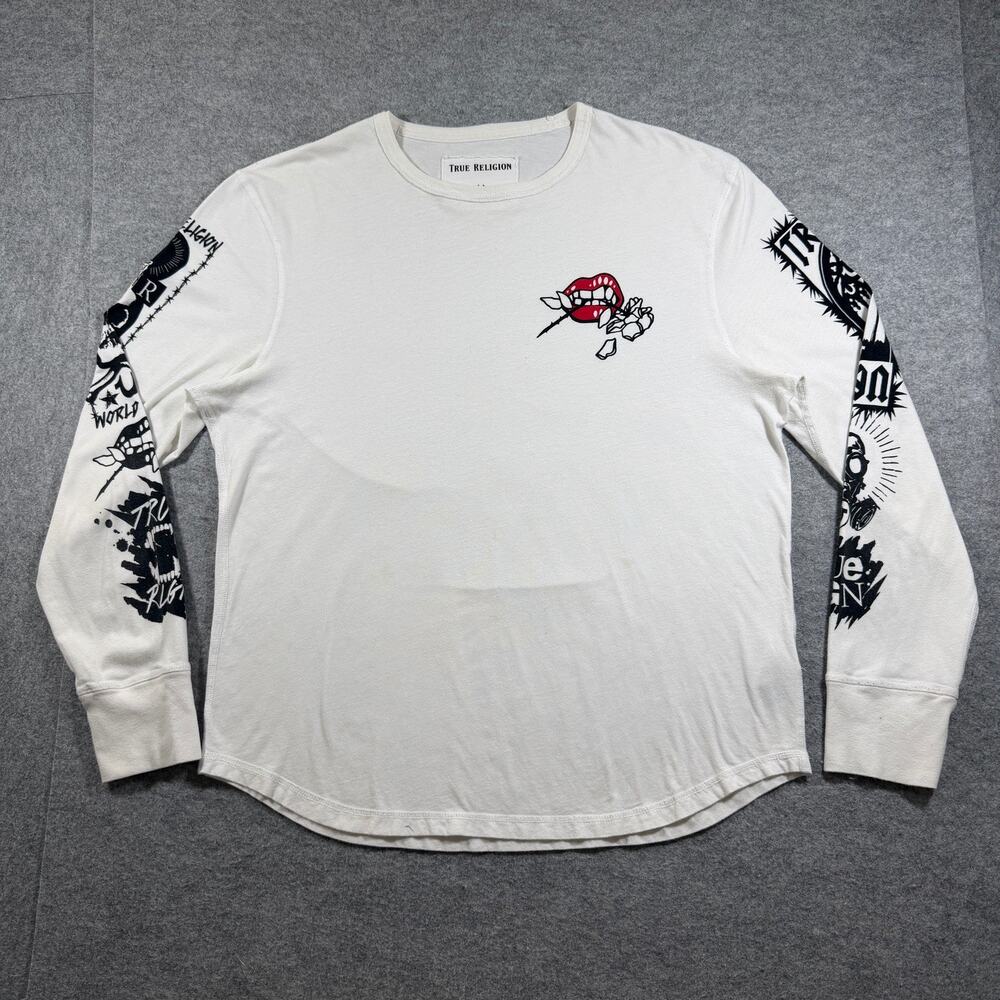 True Religion Long Sleeve Shirt Mens L White Graphic Logo Cotton Streetwear
